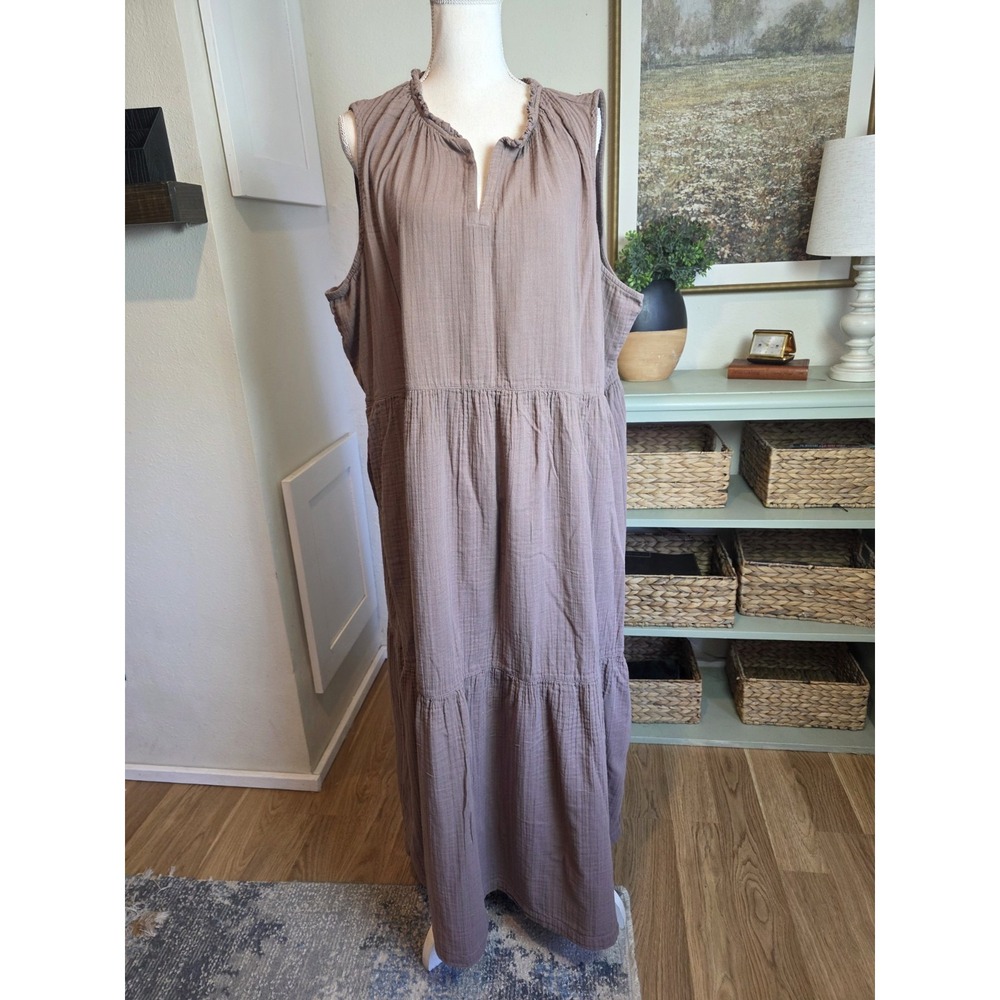 Pact Coastal Double Gauze Dress Size XXXL Brown Maxi Sleeveless Organic Cotton